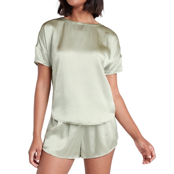 NWT $148 100% Silk 2-Piece Pajama Set Short Pants/Short Sleeve Top Light Sage M - Picture 3 of 11